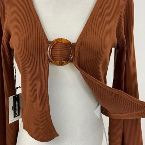 Anthropologie Callahan Open Front Ring Bell Sleeve Ribbed Vera Top Coco Mocha M - Picture 8 of 16